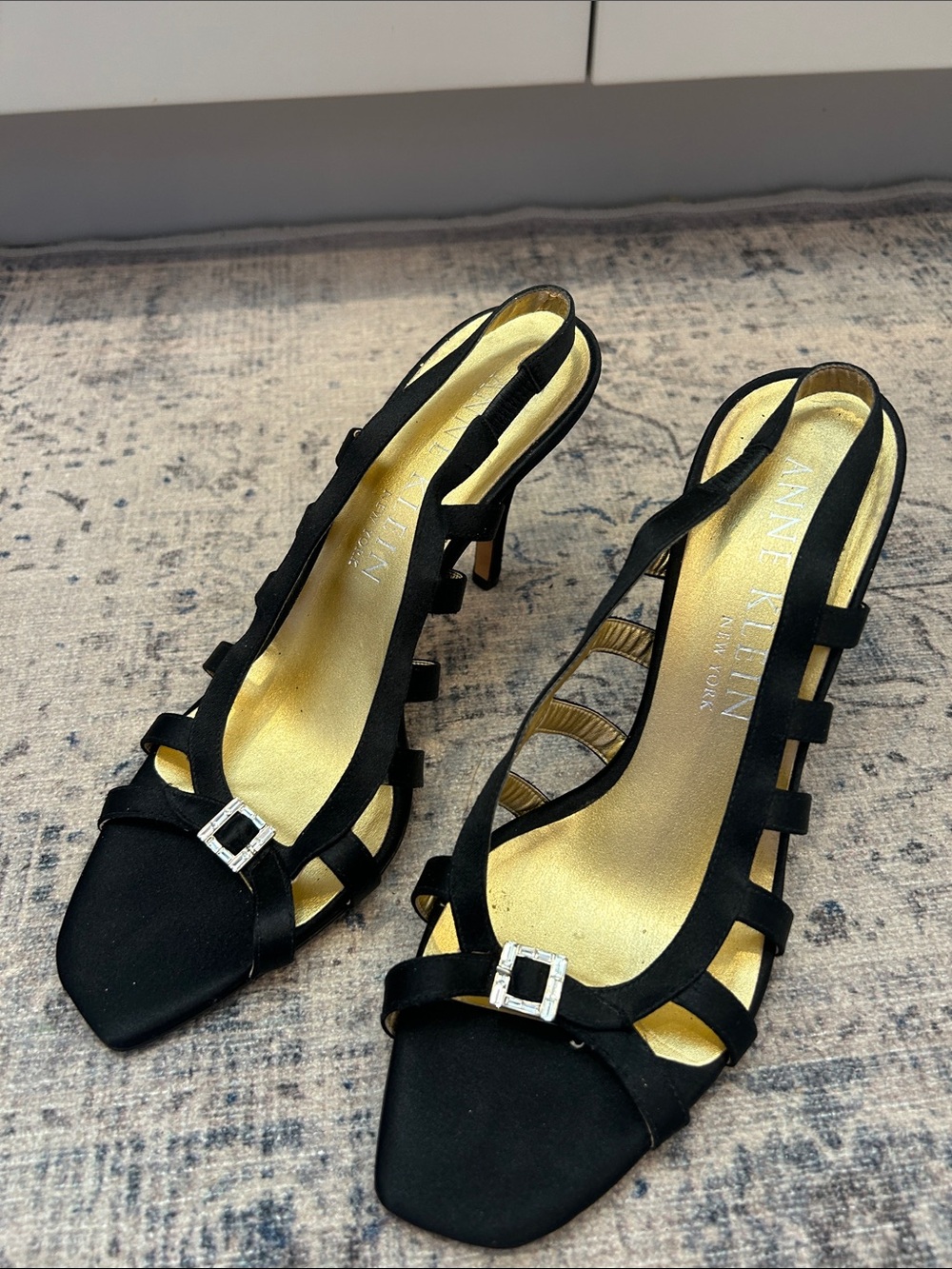 Anne Klein Black Strappy Slingback Heels with Gold Insole